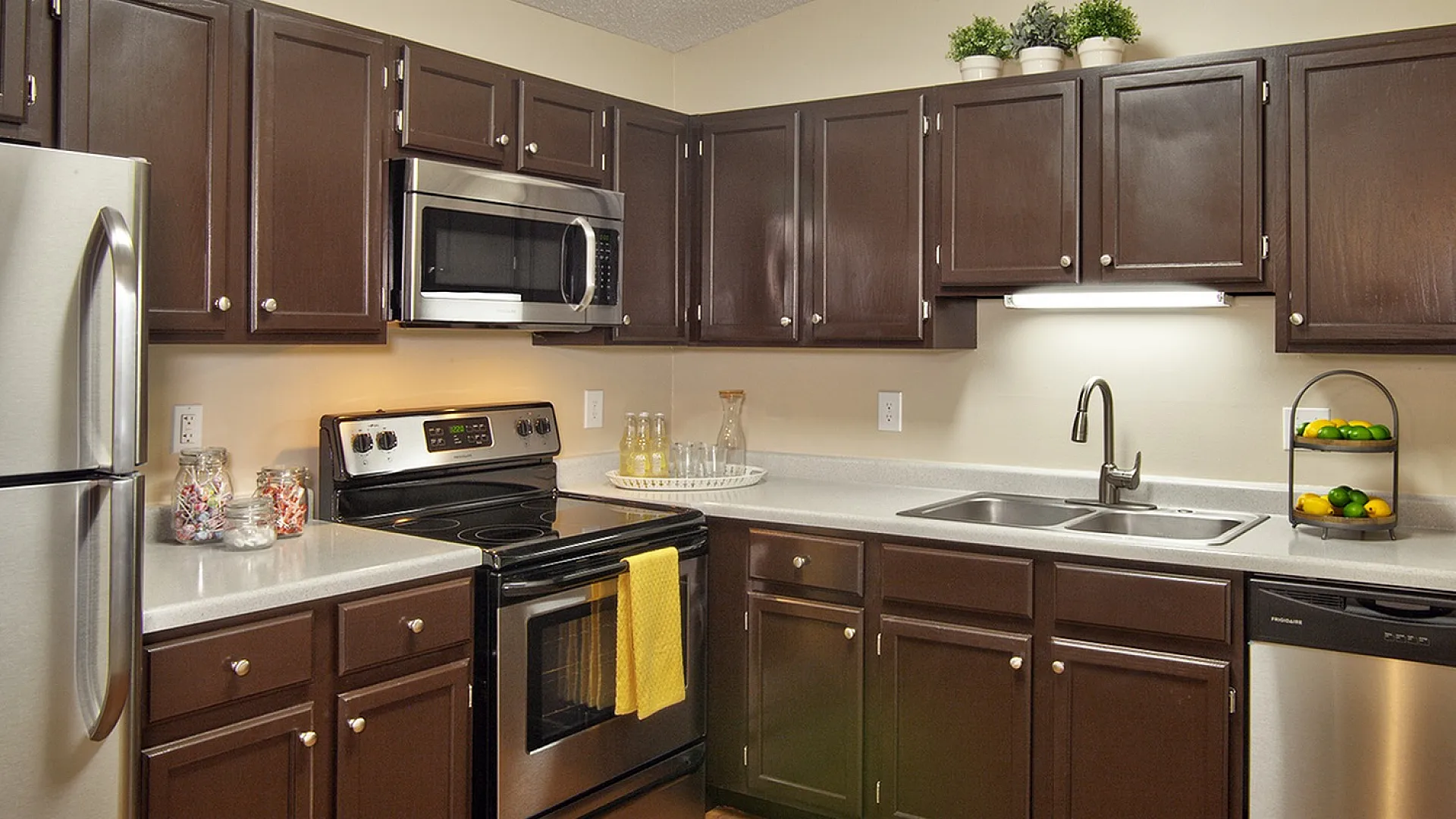 Sleek modern kitchen with dark cabinetry, stainless steel appliances, and vibrant decor accents.