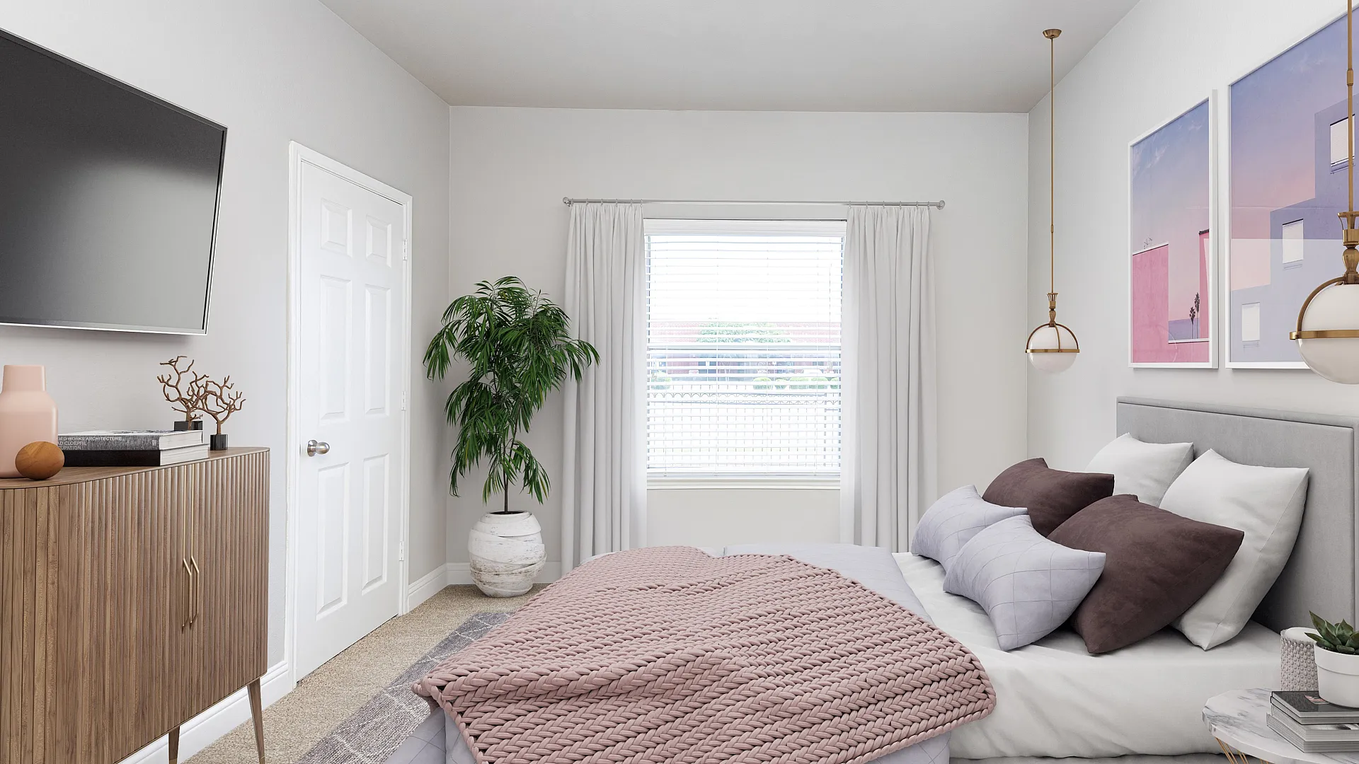 Bright and cozy bedroom with elegant decor, featuring a stylish bed adorned with plush pillows and a knitted throw, a chic wooden cabinet, and modern wall art for a serene ambiance.