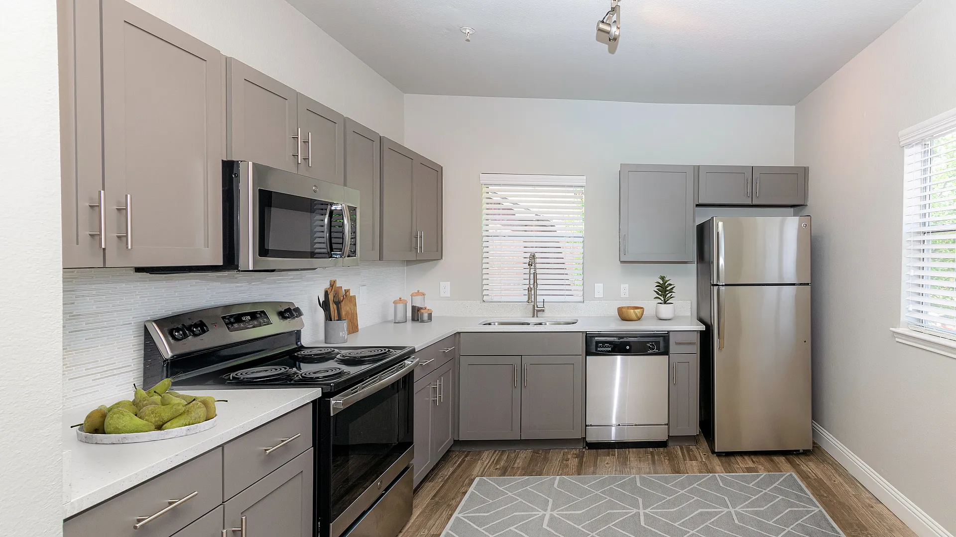 Modern kitchen with sleek gray cabinetry, stainless steel appliances, and stylish decor, radiating a fresh and inviting ambiance.