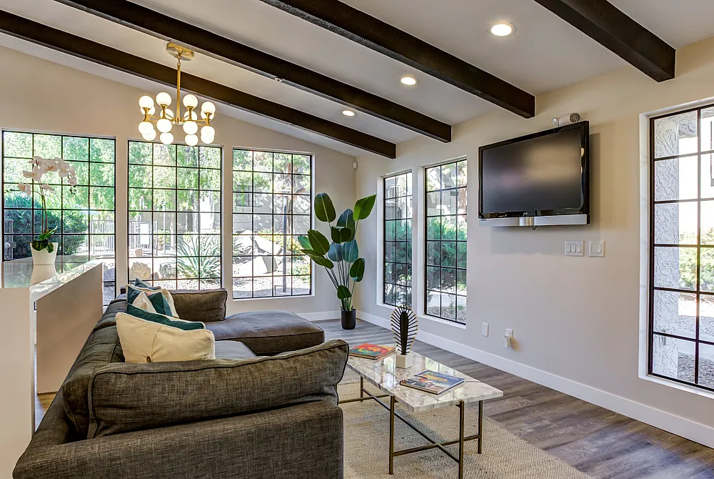 Bright and modern living room with large windows, natural light, chic gray sofa, and a stylish flat-screen TV mounted on the wall.