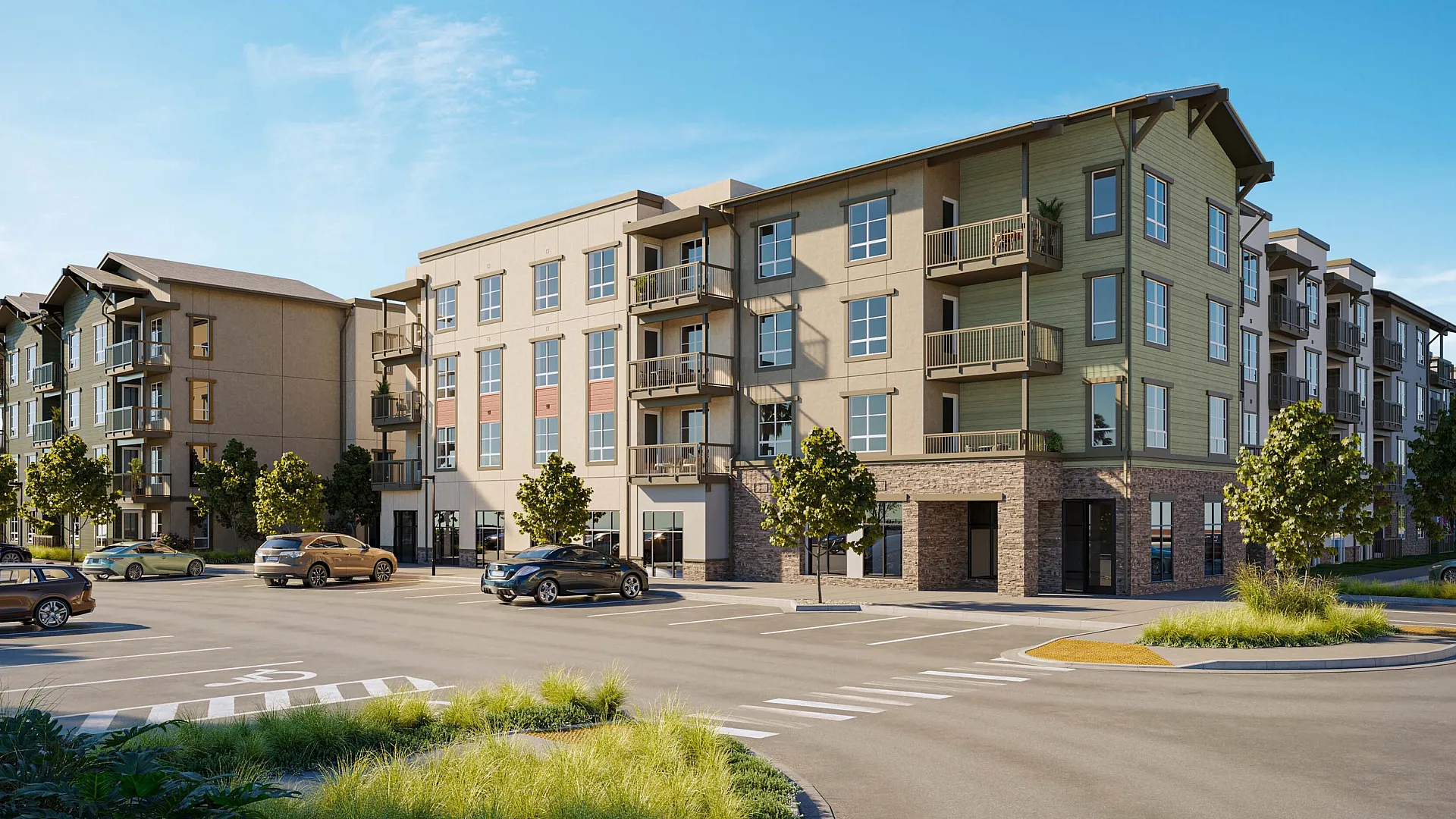 Elegant modern apartment complex with lush greenery, spacious balconies, and ample parking under a clear blue sky.
