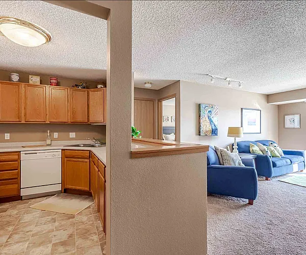 Inviting open-concept apartment with a cozy kitchen, wooden cabinets, and a bright living room featuring a blue sofa and large windows.