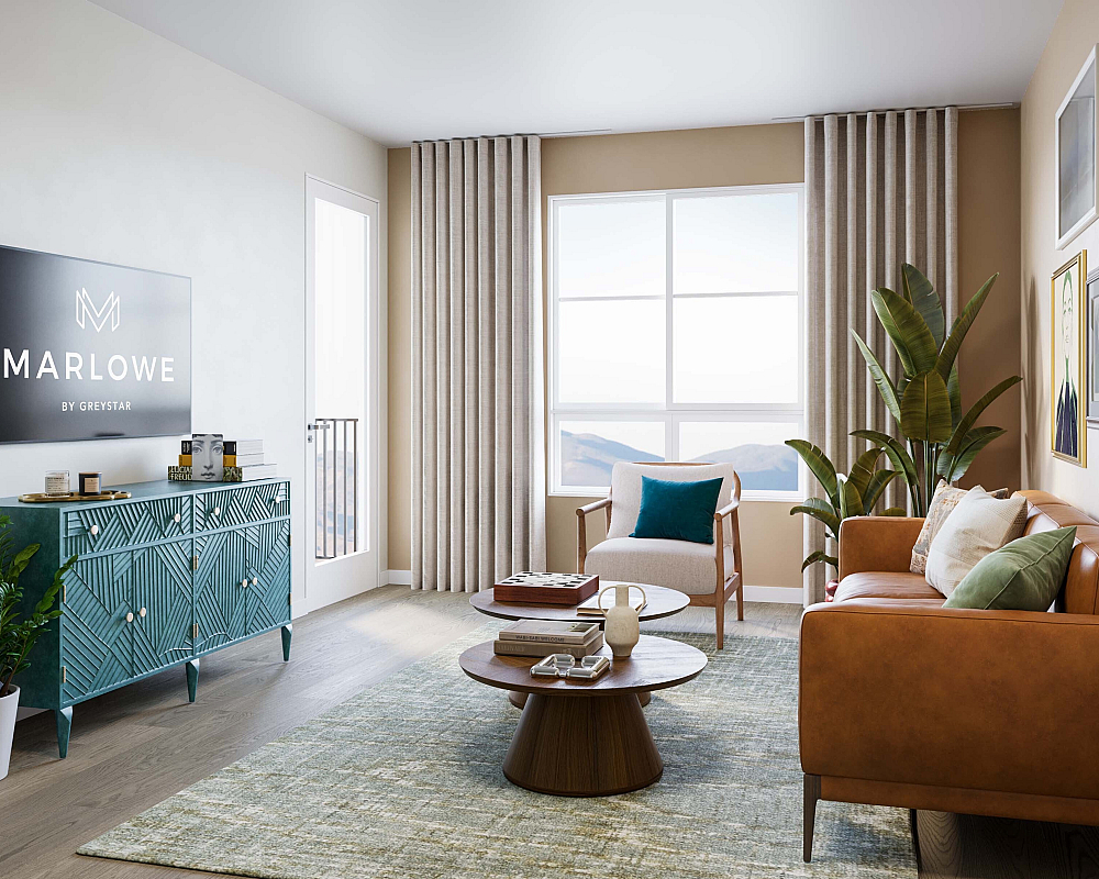 Elegant living room with a stylish leather sofa, modern art decor, and a scenic window view, featuring a vibrant blue sideboard and lush indoor plants.