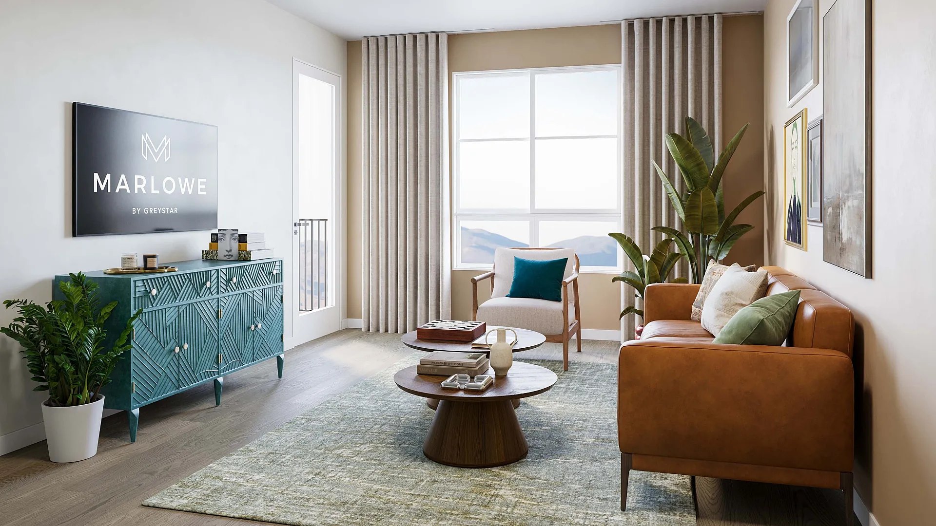 Contemporary living area featuring a cozy leather sofa, modern decor, and abundant natural light.