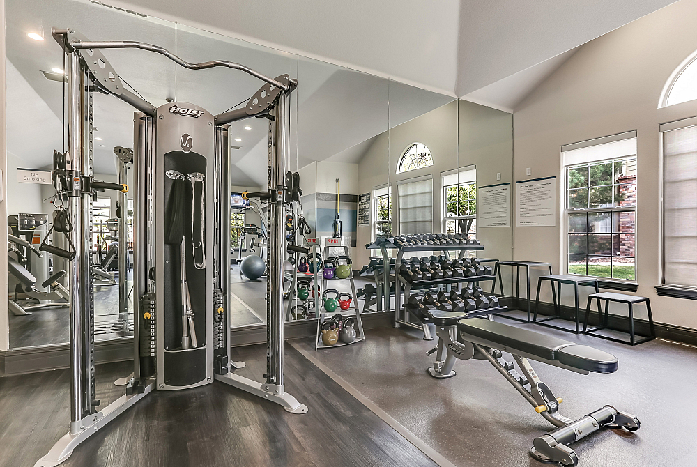 Modern fitness center with state-of-the-art equipment, free weights, and a bright, spacious interior.