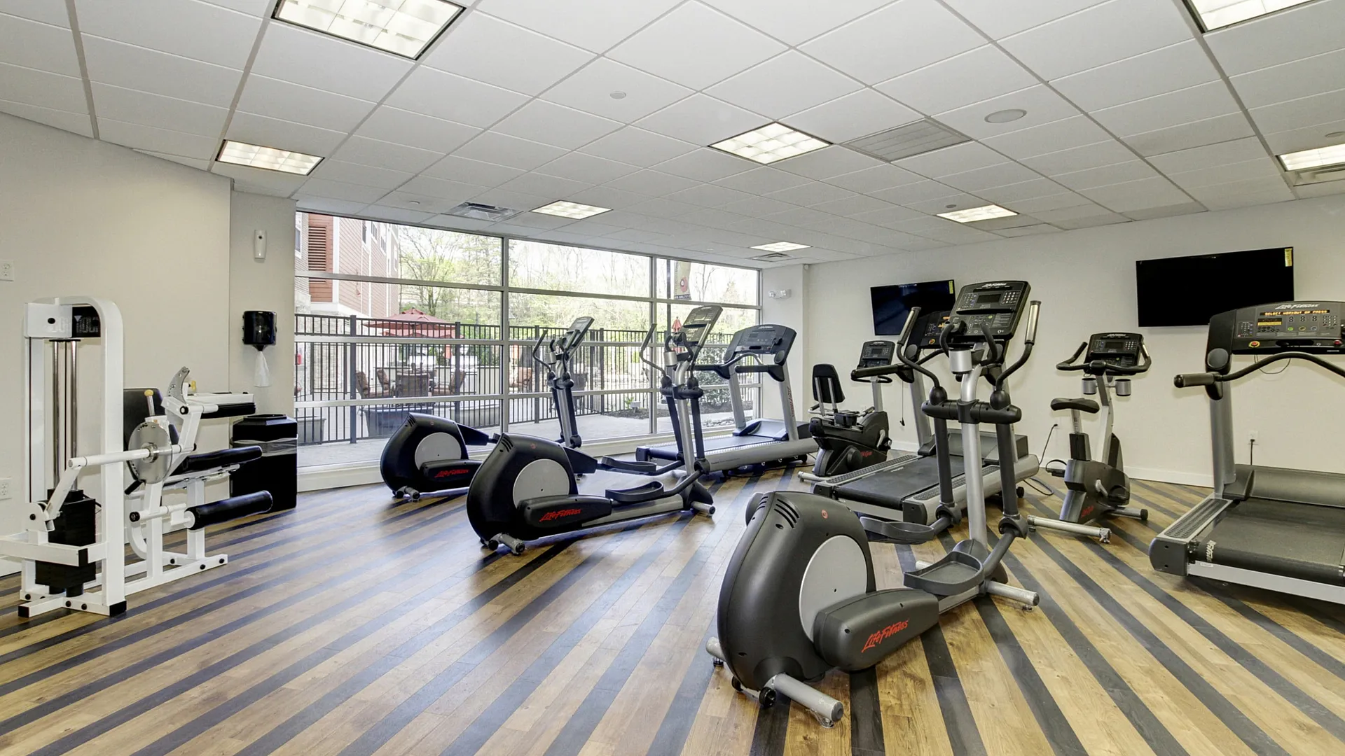 Modern fitness center with state-of-the-art exercise equipment and large windows for natural light.