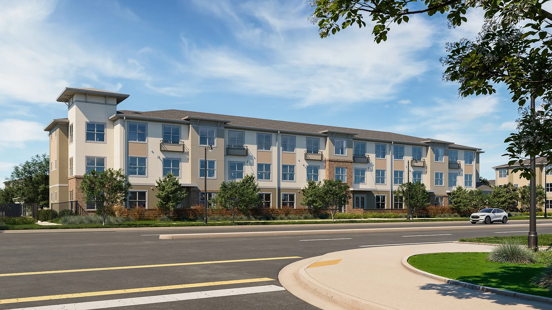 Modern three-story apartment building with stylish architecture, surrounded by greenery and a clear blue sky.
