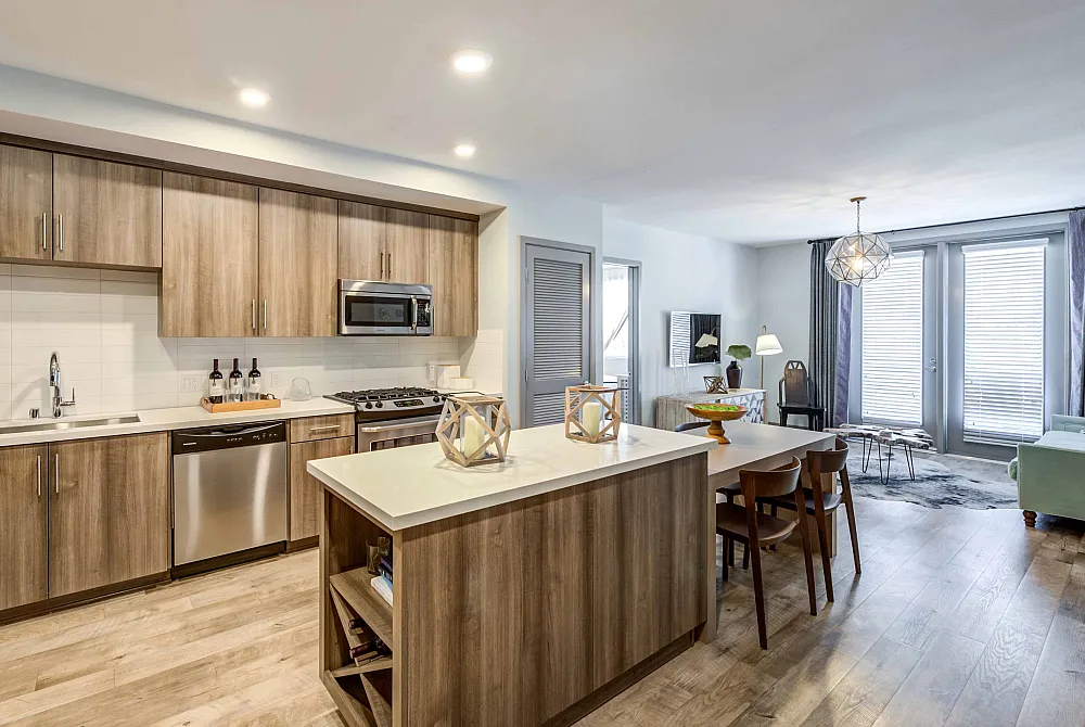 Modern open-concept kitchen and living area with sleek wood cabinetry, stainless steel appliances, and elegant d&eacute;cor.