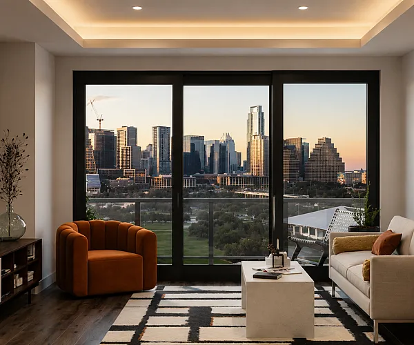 Sophisticated living room with modern decor, featuring a cozy orange accent chair and spacious windows offering a stunning city skyline view.