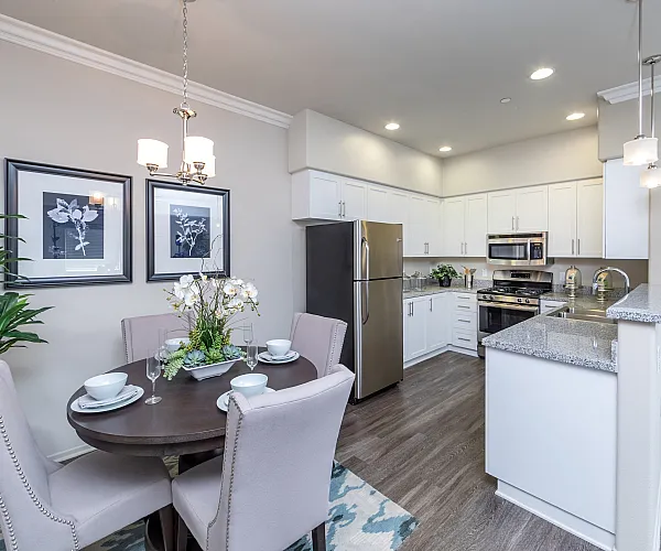 Charming open-concept kitchen and dining area with elegant decor, featuring modern appliances and stylish furnishings.