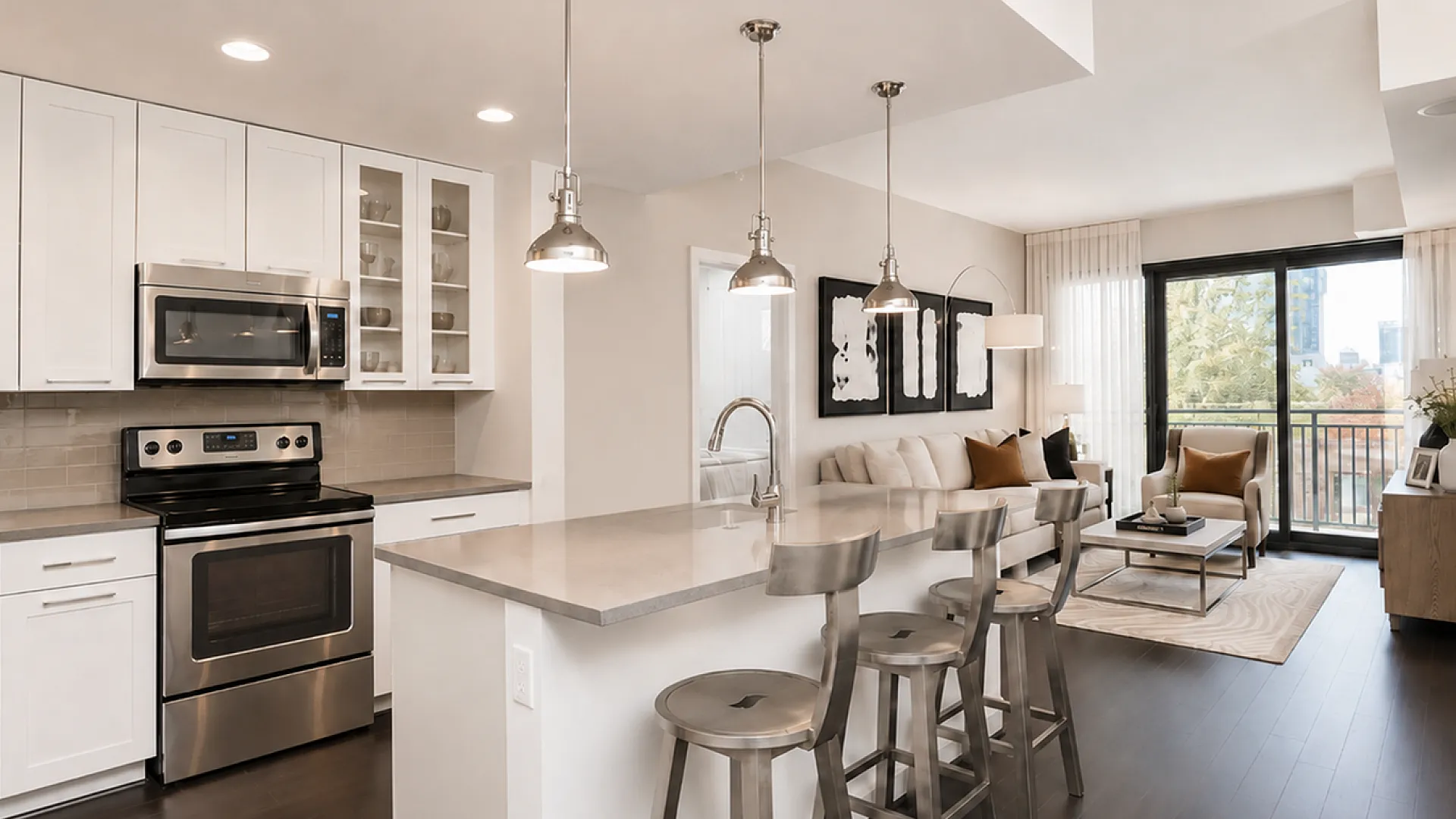 Chic open-plan kitchen leading to a cozy living room with modern decor and expansive windows.