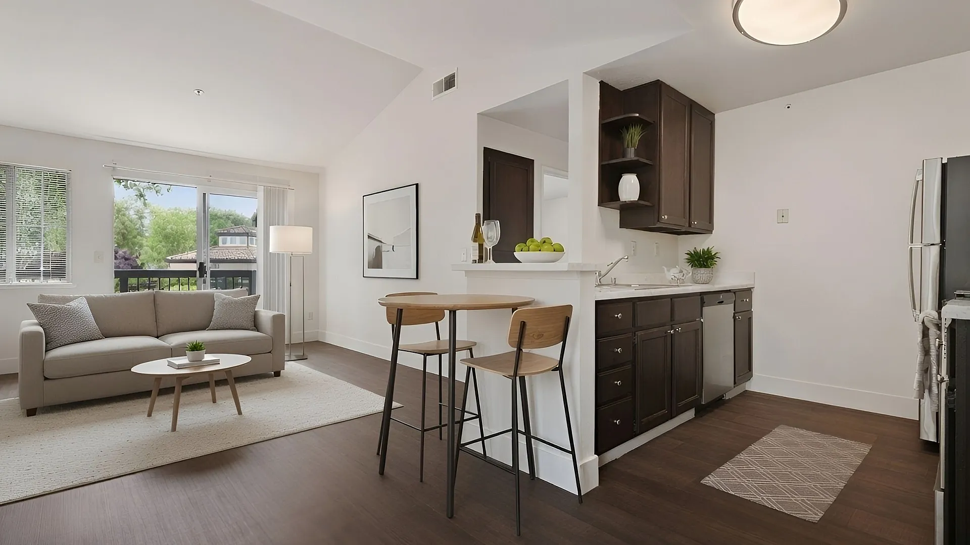 Modern open-concept living area featuring a cozy sofa, sleek breakfast bar, and contemporary kitchen with stainless steel appliances.