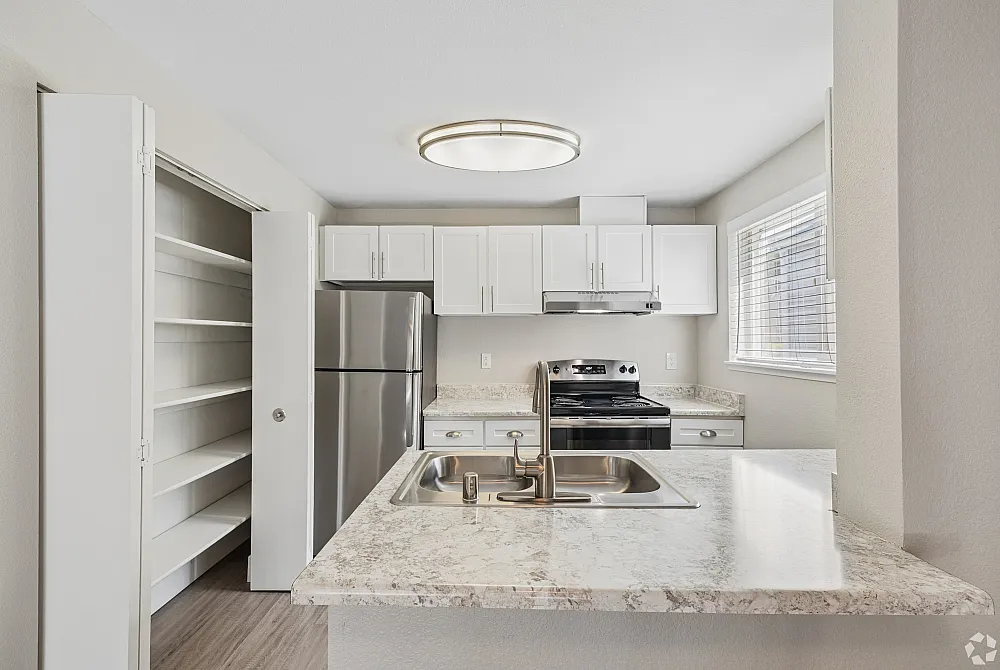 Contemporary kitchen with sleek stainless steel appliances, elegant marble countertops, and ample storage space.