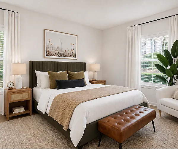 Elegant bedroom with a plush bed, cozy seating area, and abundant natural light from large windows.