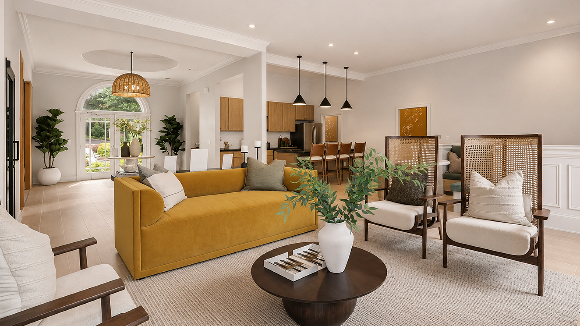 Inviting open-plan living space featuring a luxurious mustard sofa, stylish modern chairs, and a chic dining area, with natural light enhancing the contemporary decor.