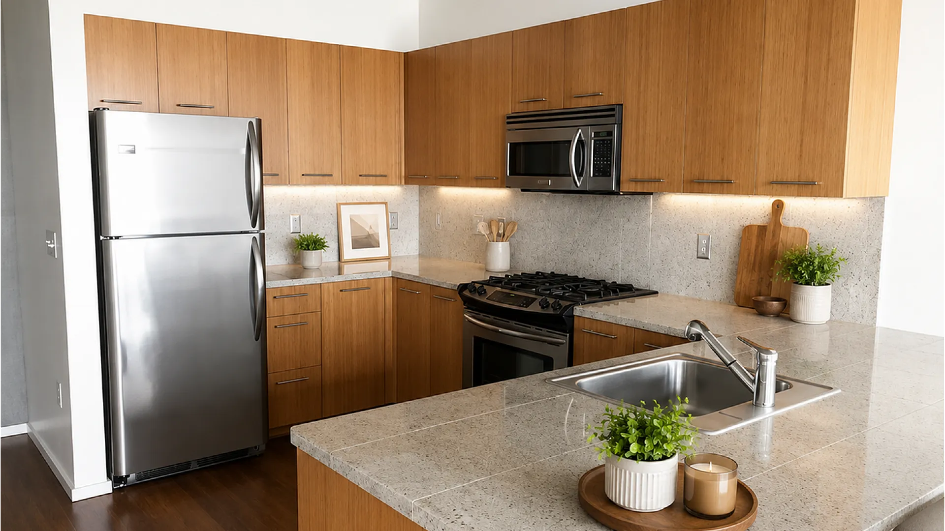 Modern kitchen with sleek stainless steel appliances, elegant wooden cabinets, and a spacious granite countertop.