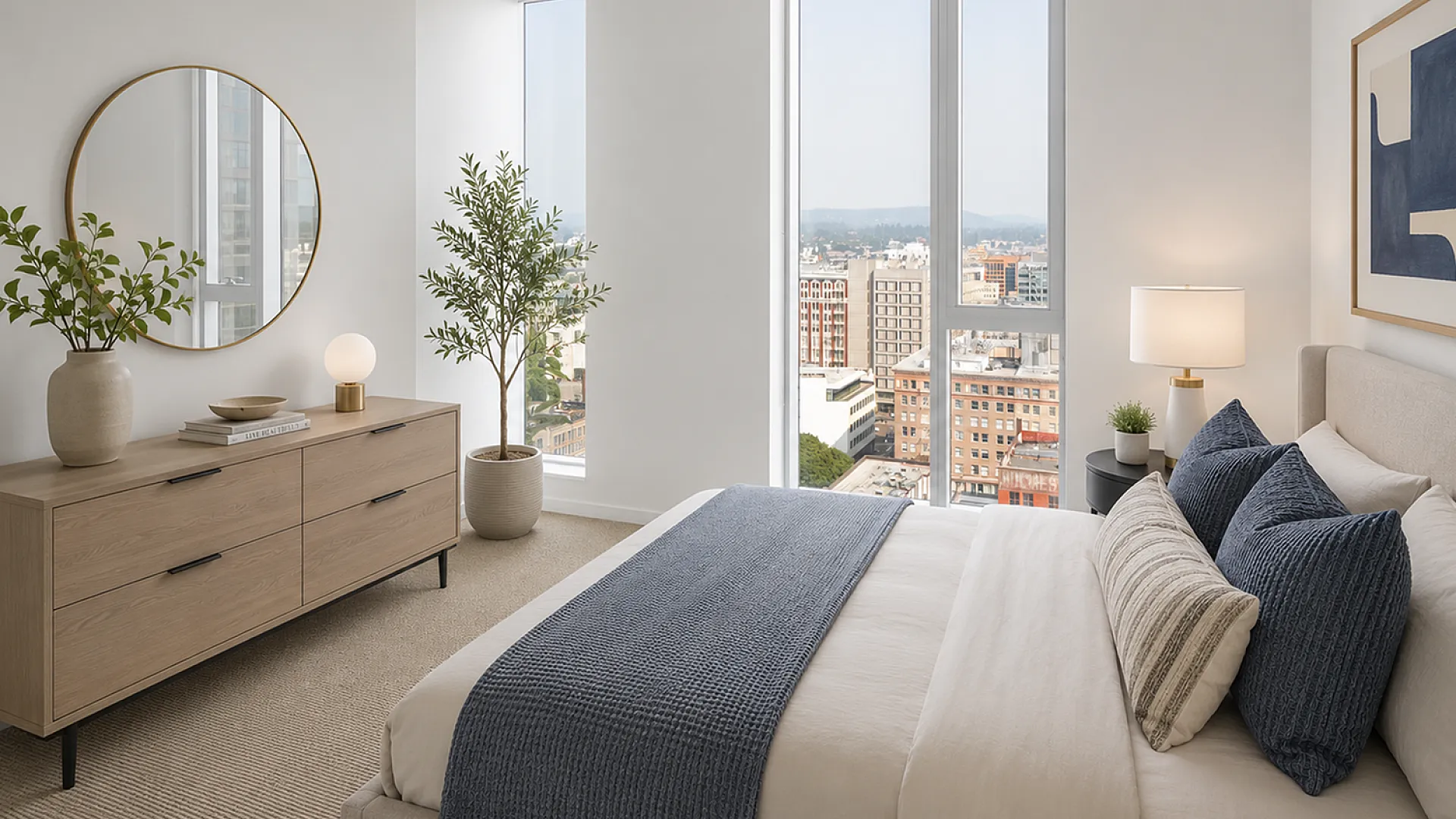 Bright and modern bedroom with a city view, featuring stylish decor, large windows, and elegant furnishings.