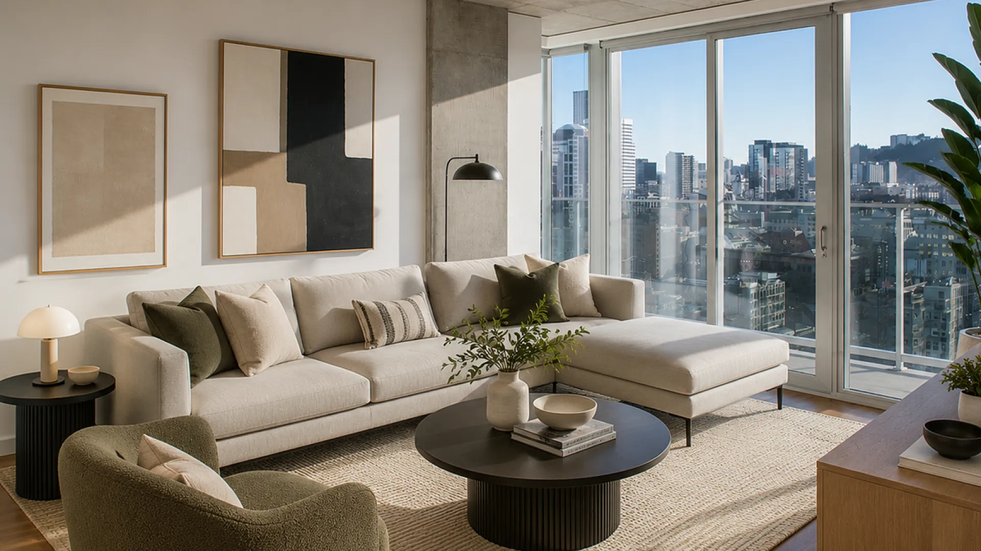 Modern living room with chic decor, plush sectional sofa, and panoramic city views through floor-to-ceiling windows.
