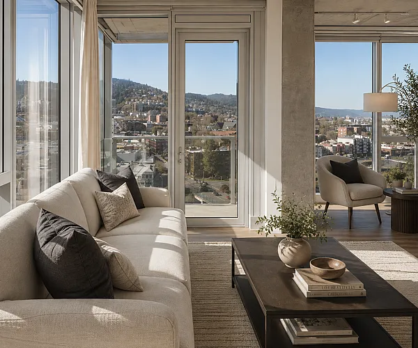 Luxurious modern living room with floor-to-ceiling windows offering stunning panoramic city views, featuring a chic cream sofa, elegant armchair, and stylish coffee table with decor.