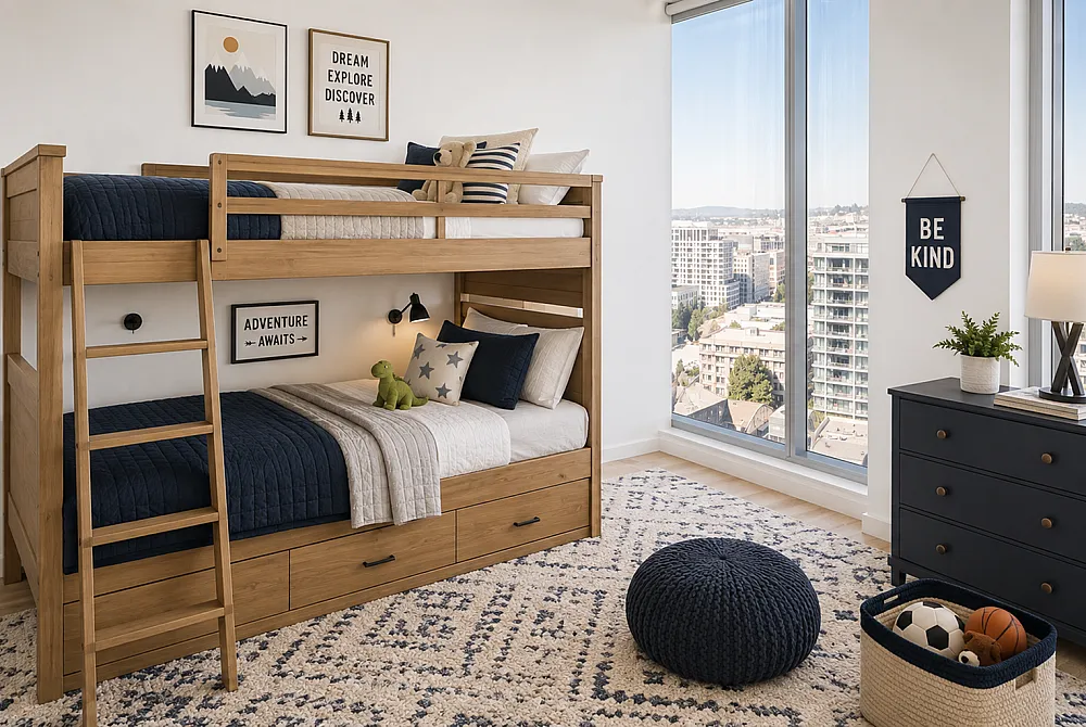 Charming bedroom with stylish bunk beds, large windows offering cityscape views, and cozy decor inspiring adventure.