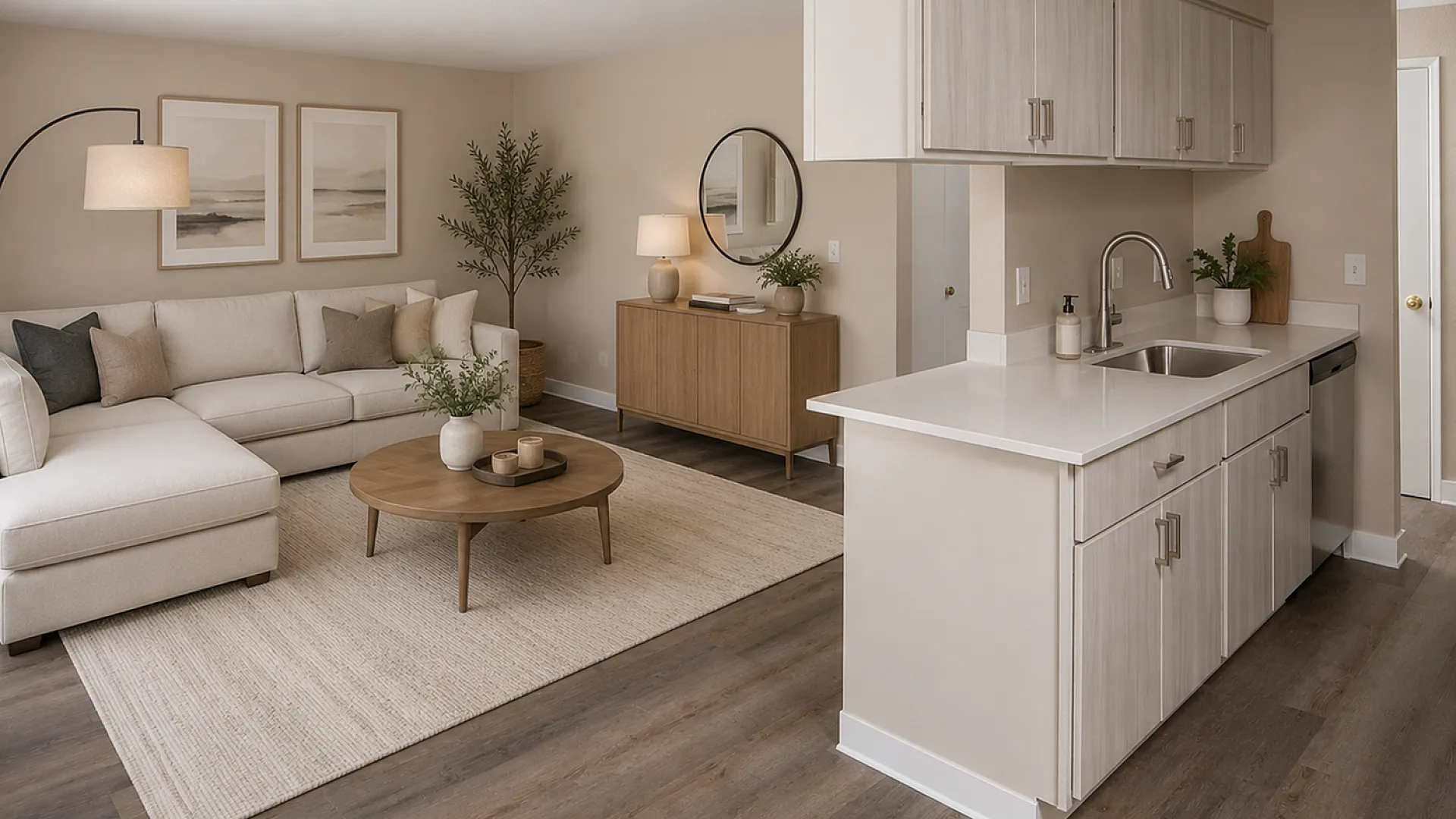 Inviting open-concept living room and kitchen with cozy L-shaped sofa, elegant decor, and modern cabinetry.