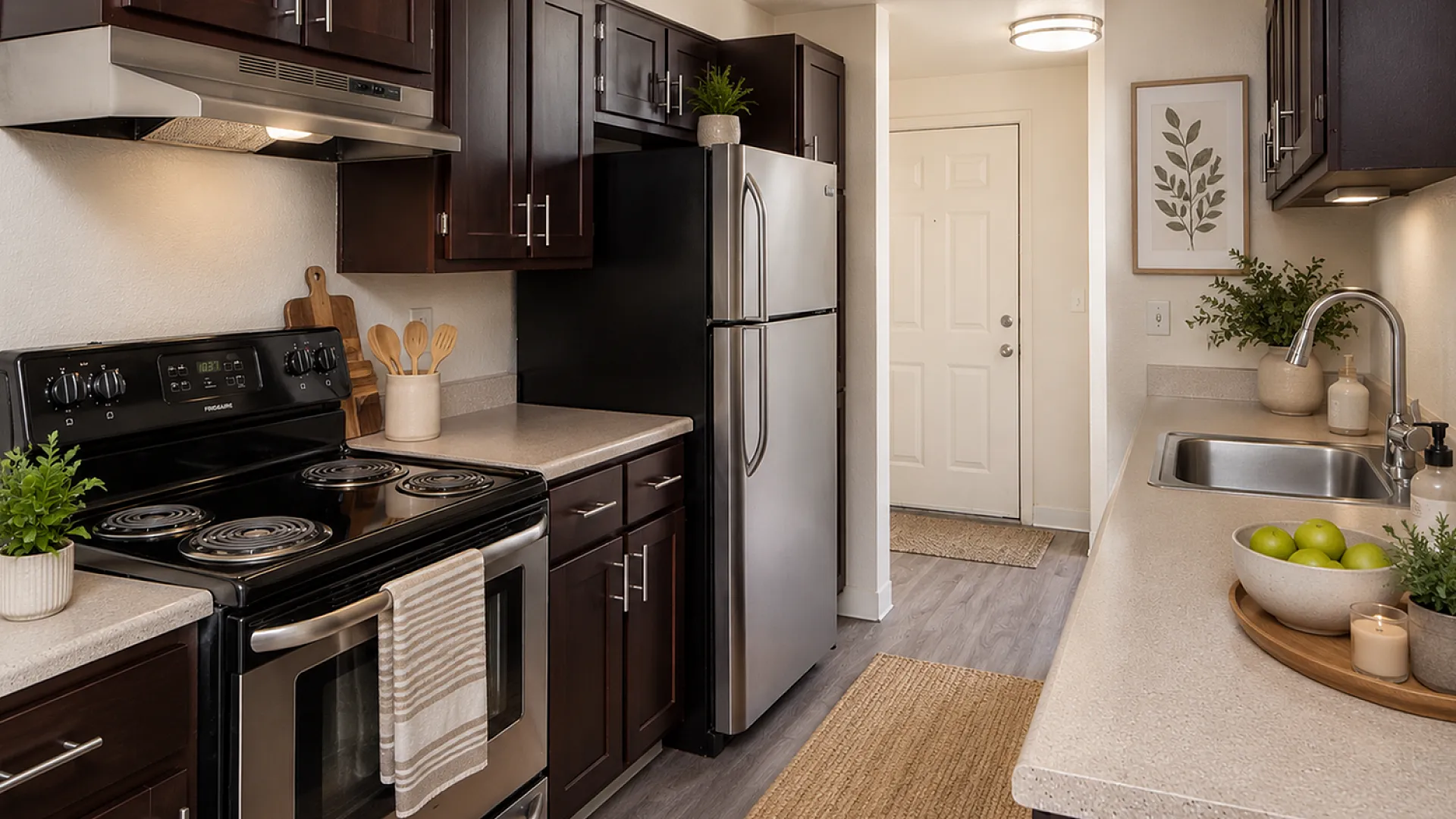 Sleek modern kitchen with dark wood cabinets, stainless steel appliances, and elegant countertops, creating a warm and inviting atmosphere.