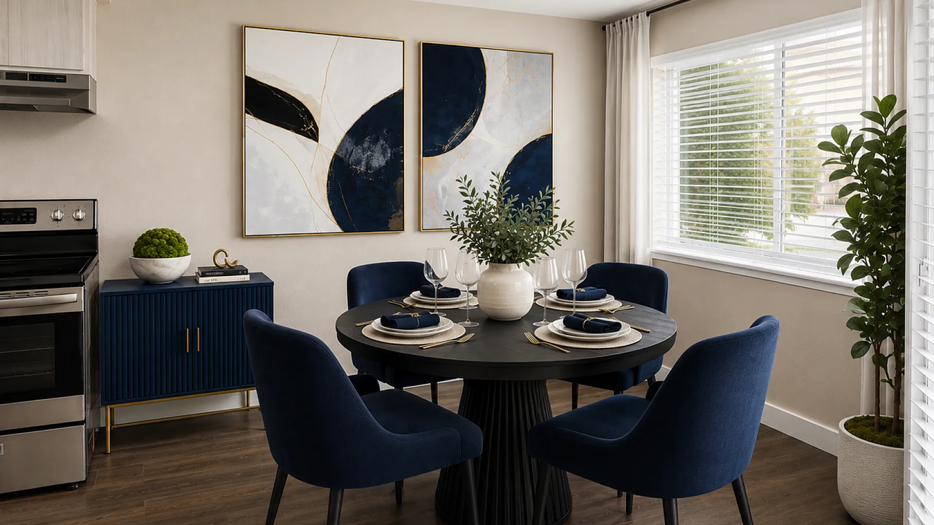 Elegant dining room with a modern round table set for four, featuring deep blue chairs, abstract artwork, and abundant natural light.