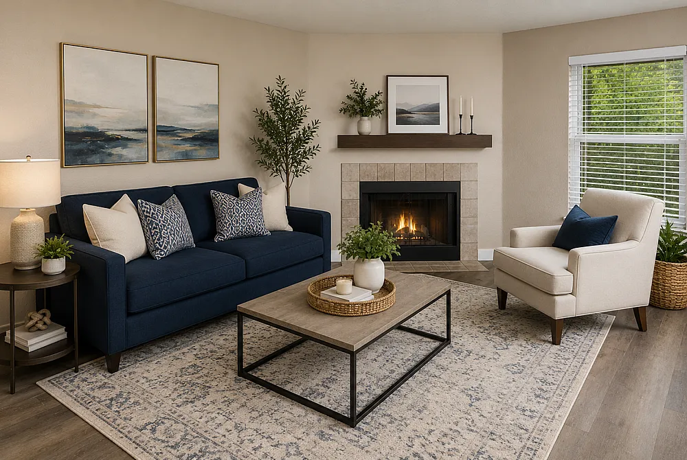 Elegant living room with cozy fireplace, stylish navy sofa, tasteful artwork, and large window offering natural light.