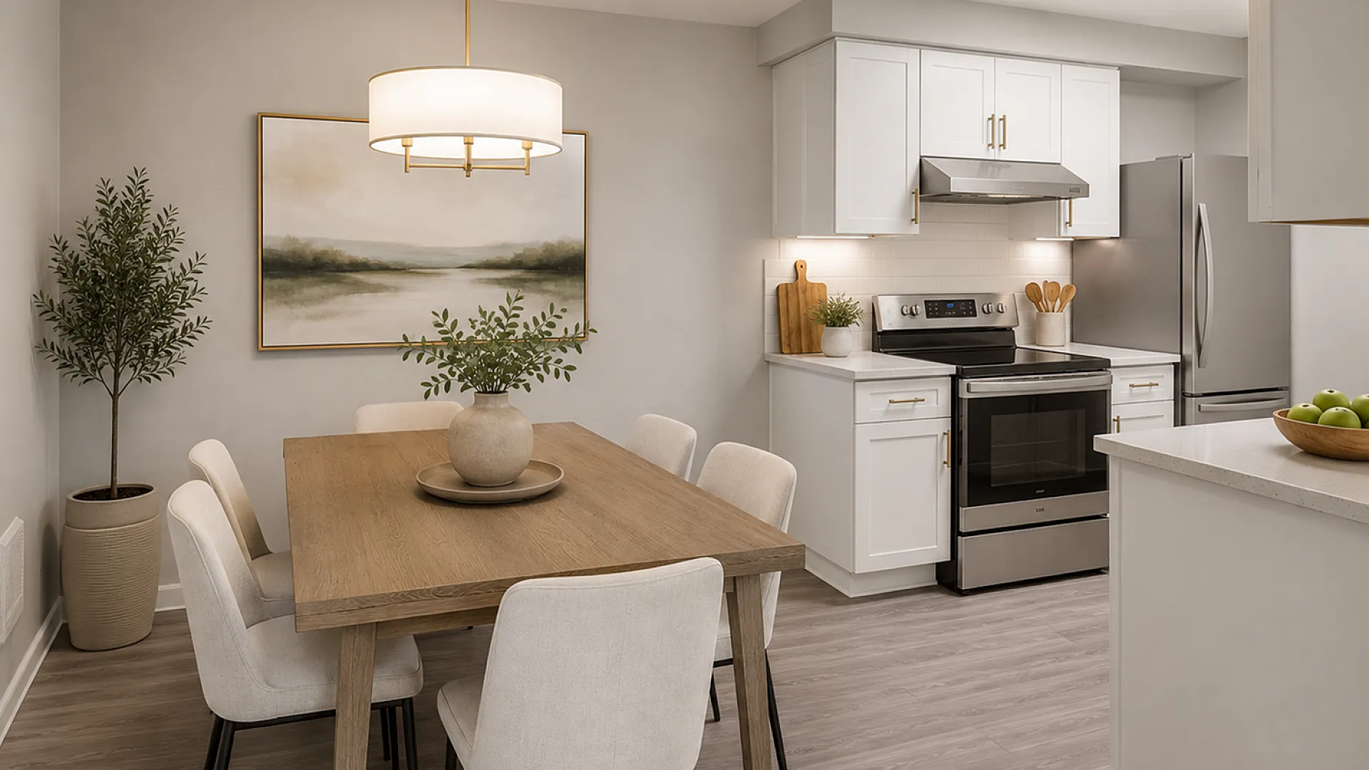 Contemporary kitchen and dining area featuring sleek cabinetry, modern appliances, and stylish decor with a beige and wood finish.