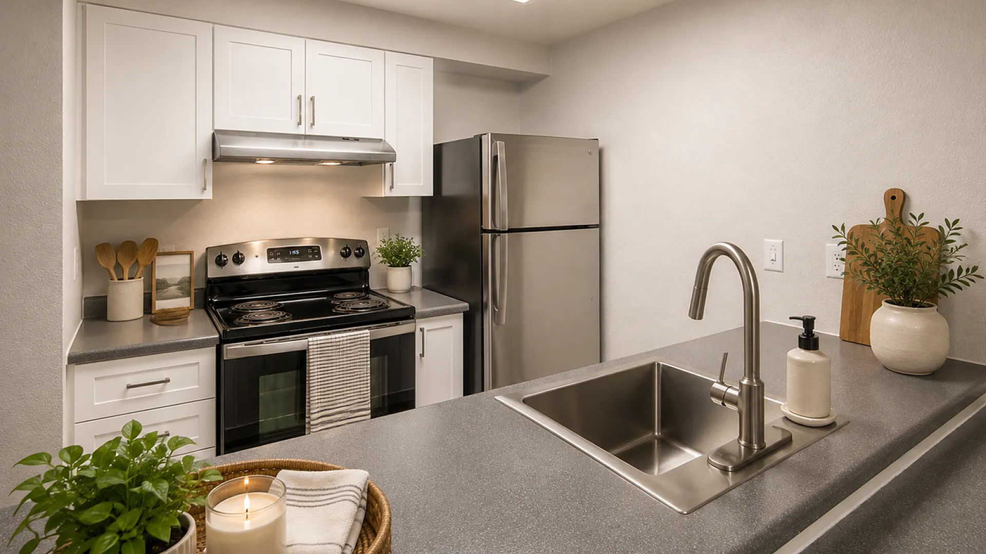 Modern kitchen with sleek stainless steel appliances, elegant gray countertops, and stylish white cabinetry.