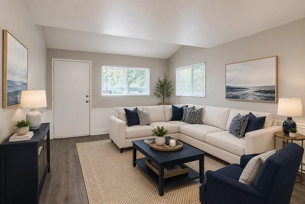 Bright and cozy living room featuring a stylish cream sectional sofa, modern blue accents, large windows, and elegant decor.