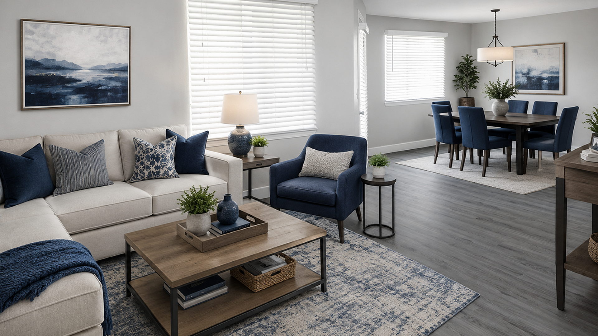 Elegant living and dining area with modern decor, featuring a cozy beige sectional, blue accent chairs, and a sleek wooden dining table amid neutral tones.