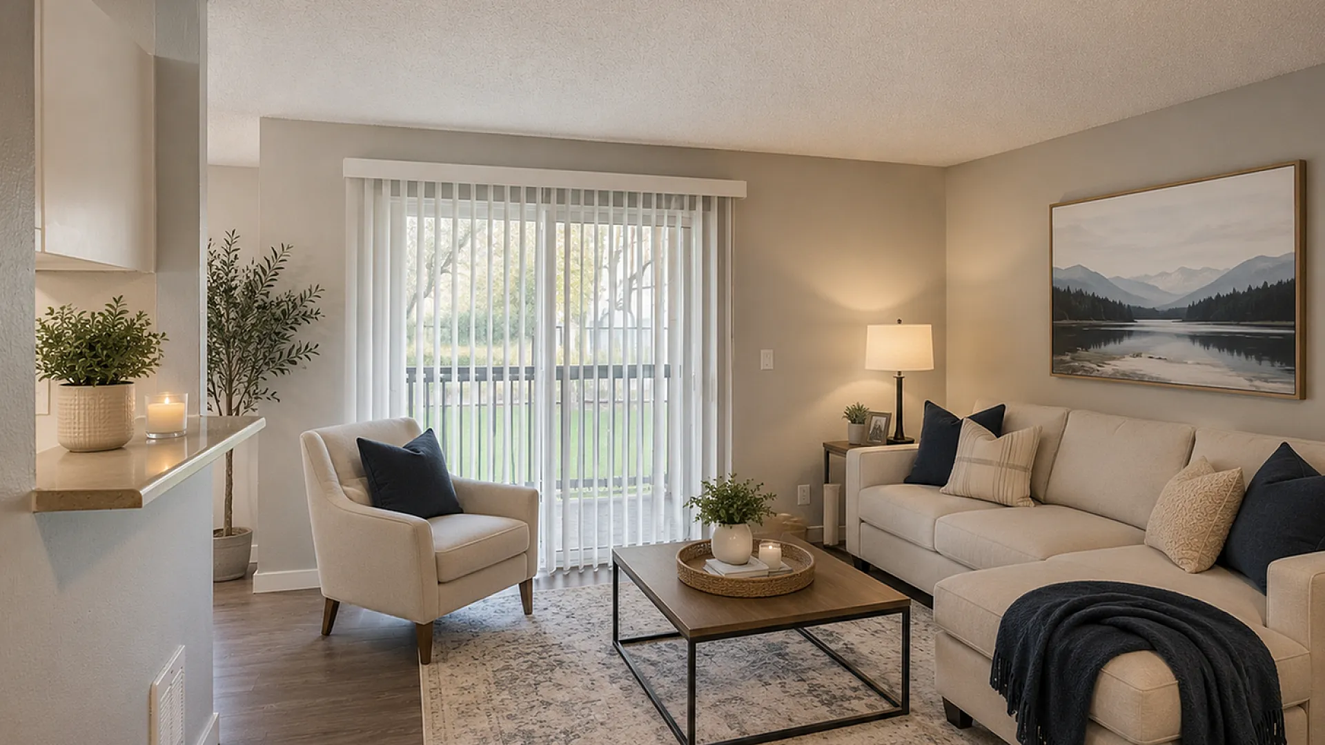 Chic living room with modern decor, featuring a cozy beige sectional, elegant armchair, and a sleek coffee table with natural light streaming through large sliding doors.
