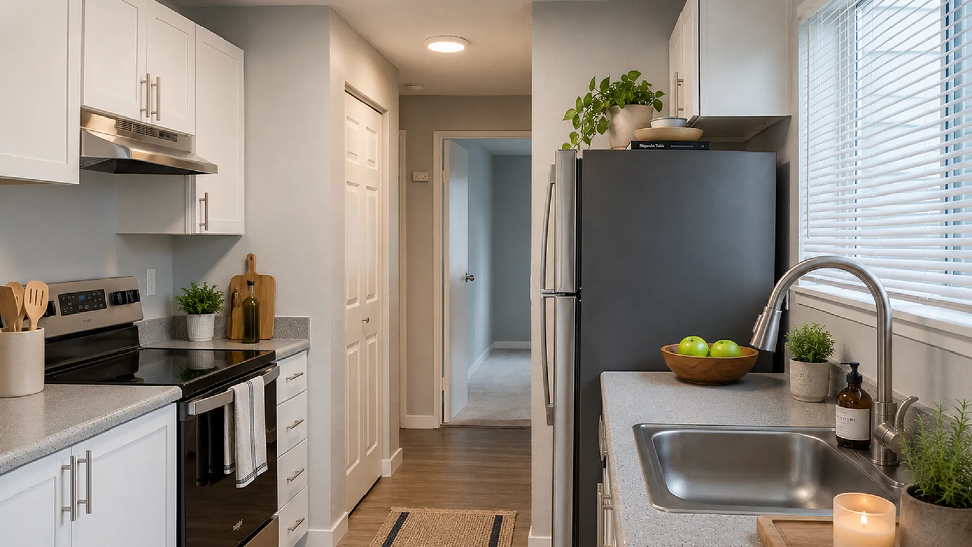 Contemporary kitchen with sleek countertops, stainless steel appliances, and ambient lighting, offering a cozy and inviting space.