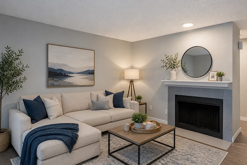 Inviting living room with cozy beige sectional sofa, elegant fireplace, chic decor, and soft lighting.