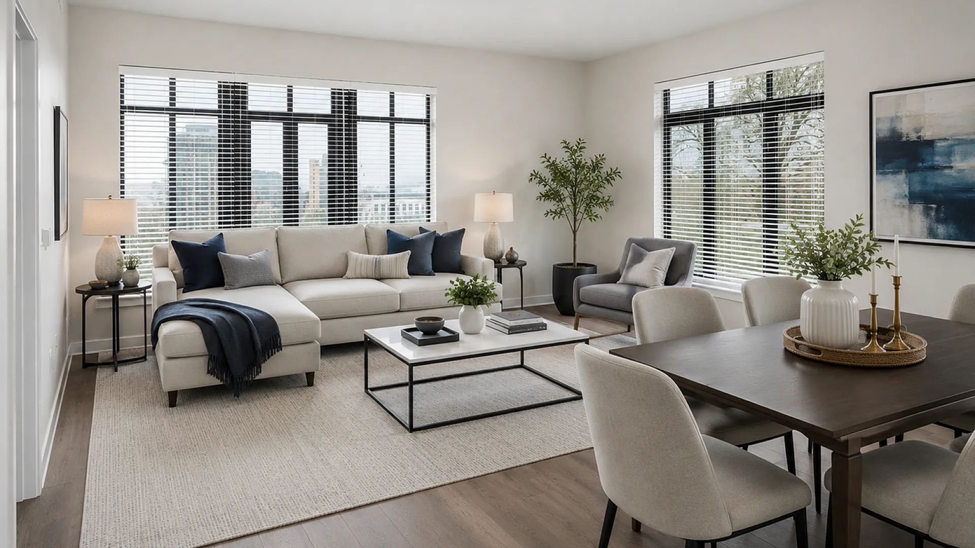 Bright and modern living space with a cozy sectional, stylish armchair, and dining area, accented by large windows and elegant decor.