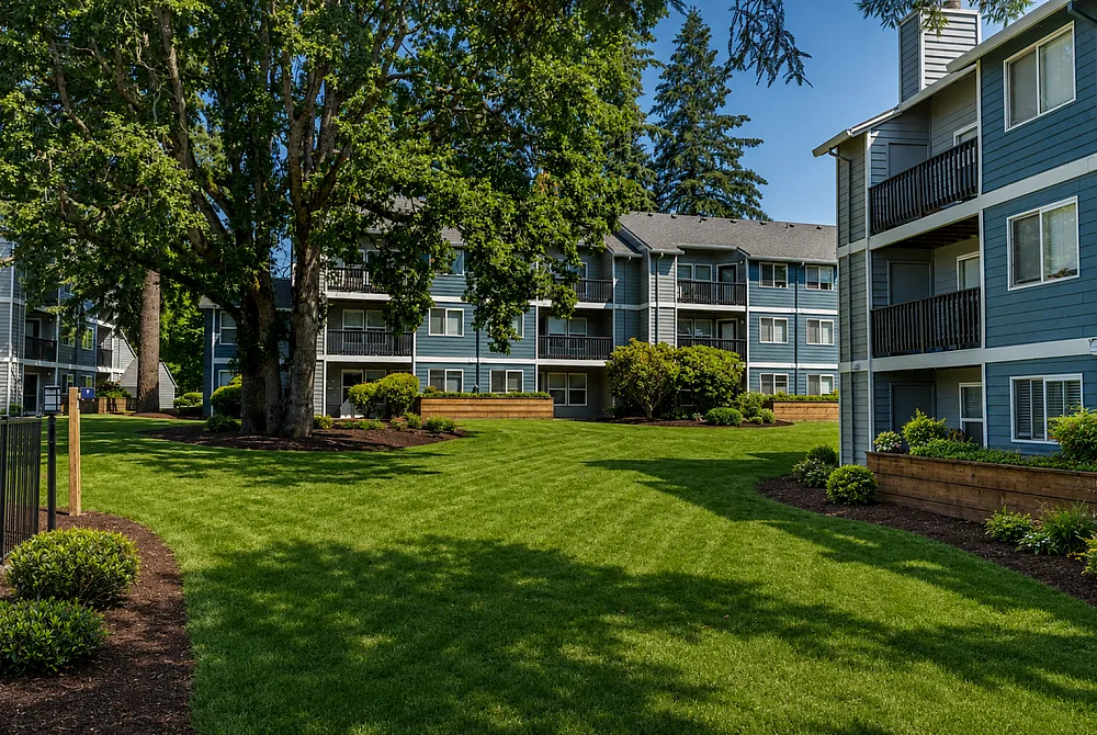 Charming apartment complex surrounded by lush greenery and mature trees, offering serene and picturesque living.