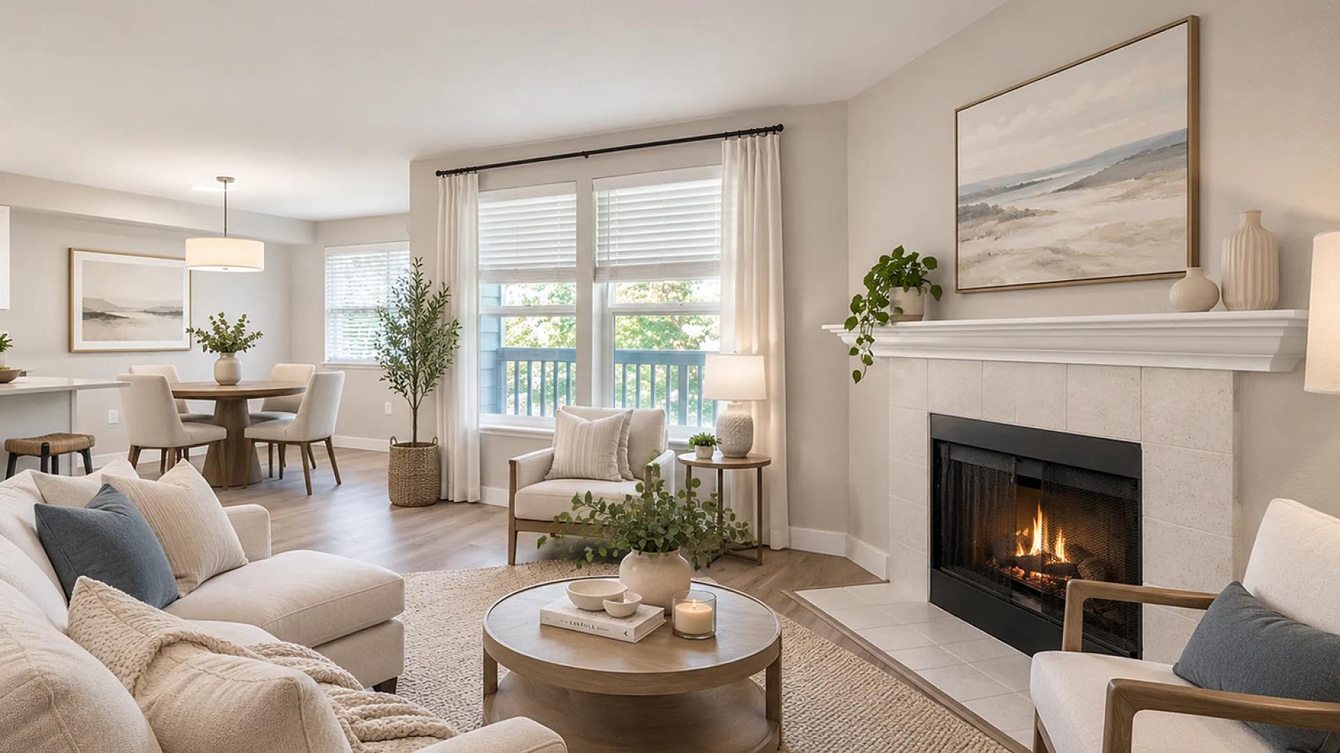 Inviting living room with elegant fireplace, plush seating, and large windows offering abundant natural light. Tasteful decor features vibrant plants and modern art, creating a warm and stylish ambiance.