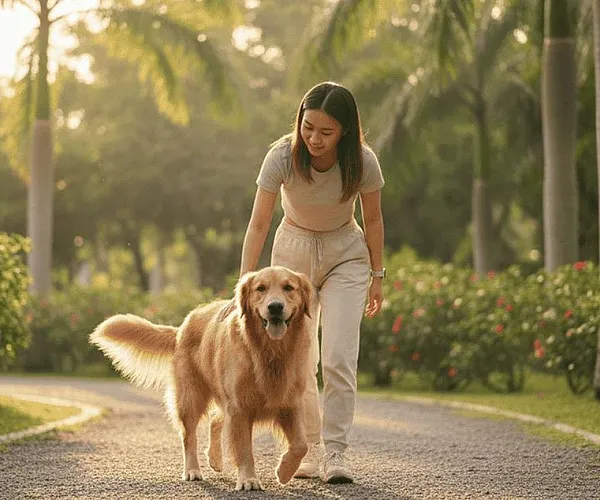 Serene green park pathway with a woman joyfully walking her golden retriever amidst lush palm trees and blooming flowers.