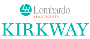 Elegant Lombardo Apartments logo featuring bold teal and orange lettering with a modern, appealing design for Kirkwey.
