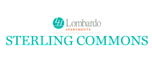 Elegant Sterling Commons logo with Lombardo Apartments branding in teal and orange.