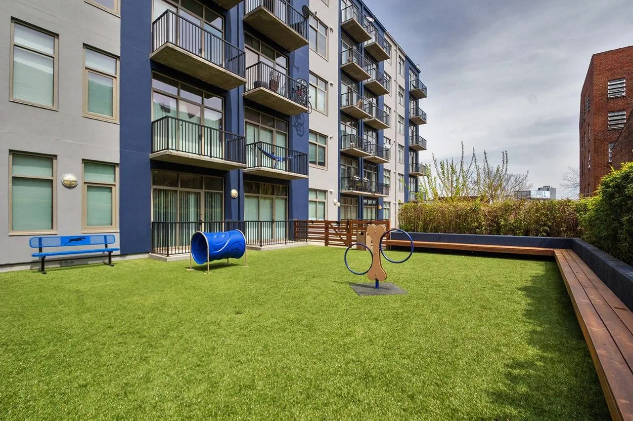 On-site dog park with agility features and seating