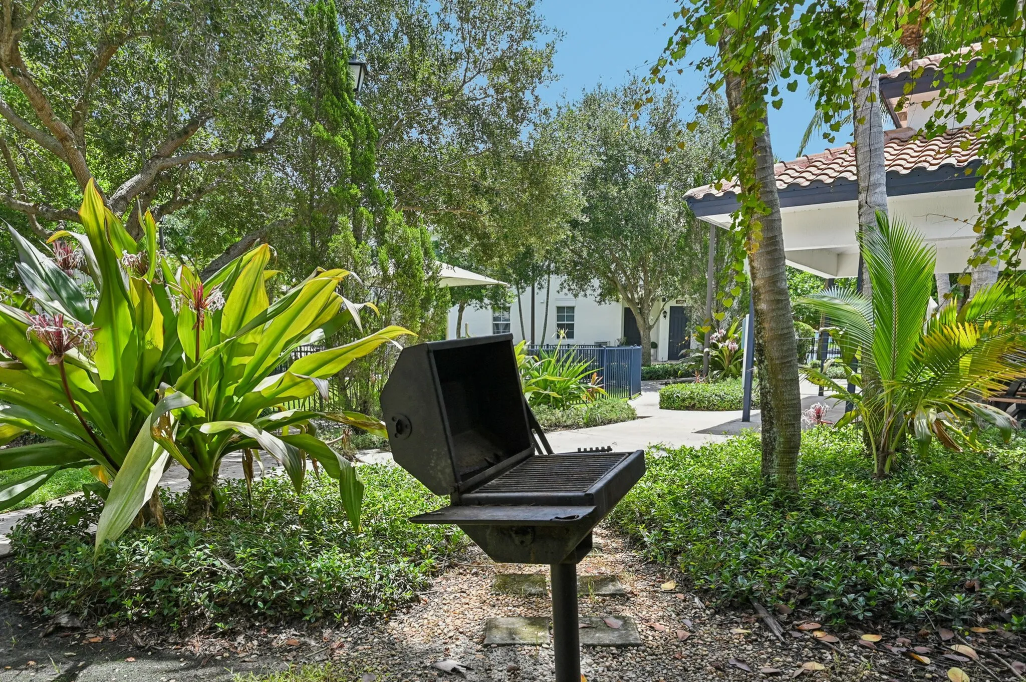 Outdoor patio featuring a barbecue grill surrounded by lush greenery and a cozy seating area.