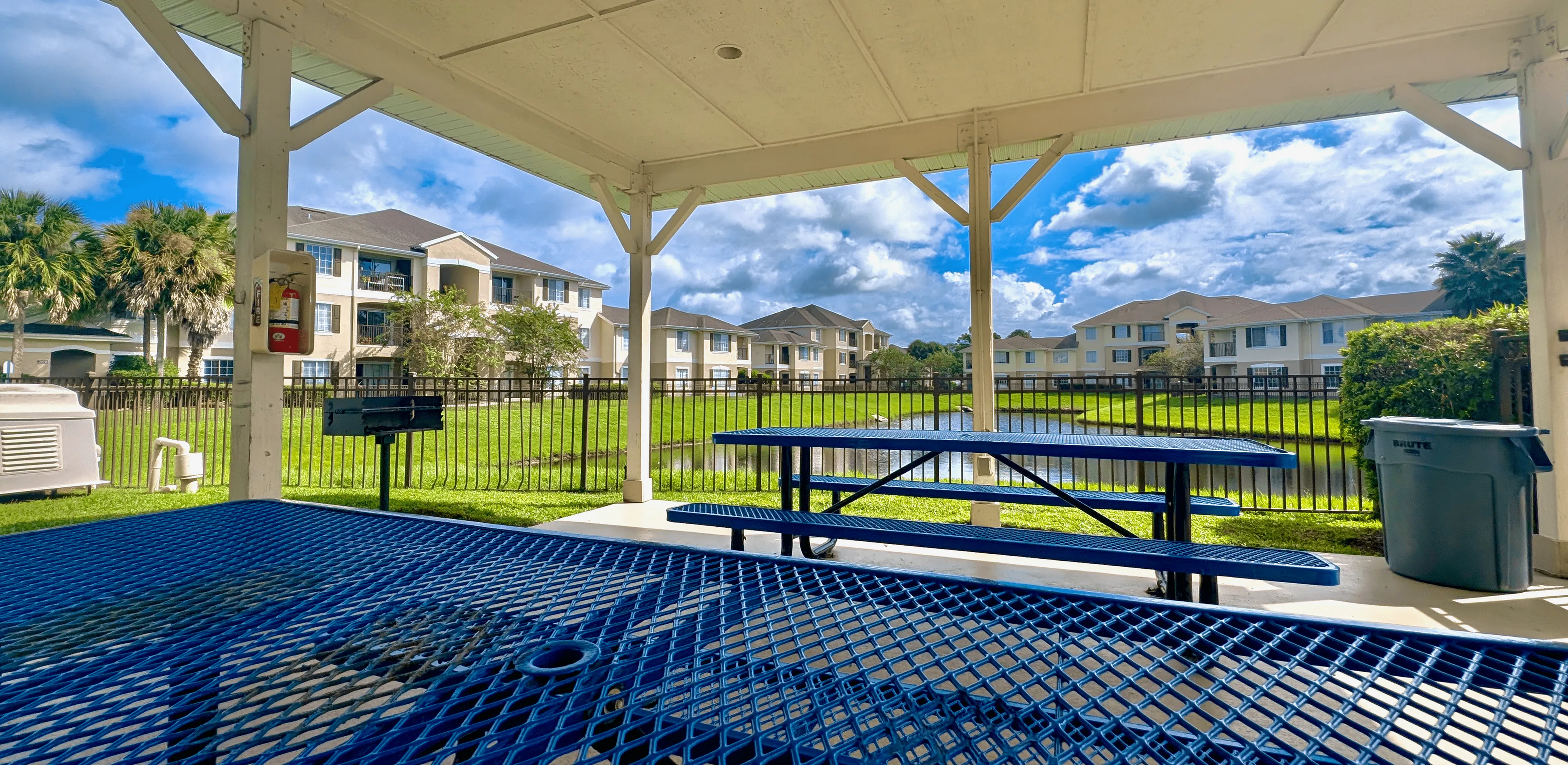 Serene apartment view from a covered patio with blue picnic tables, a barbecue grill, and lush greenery around a tranquil pond.