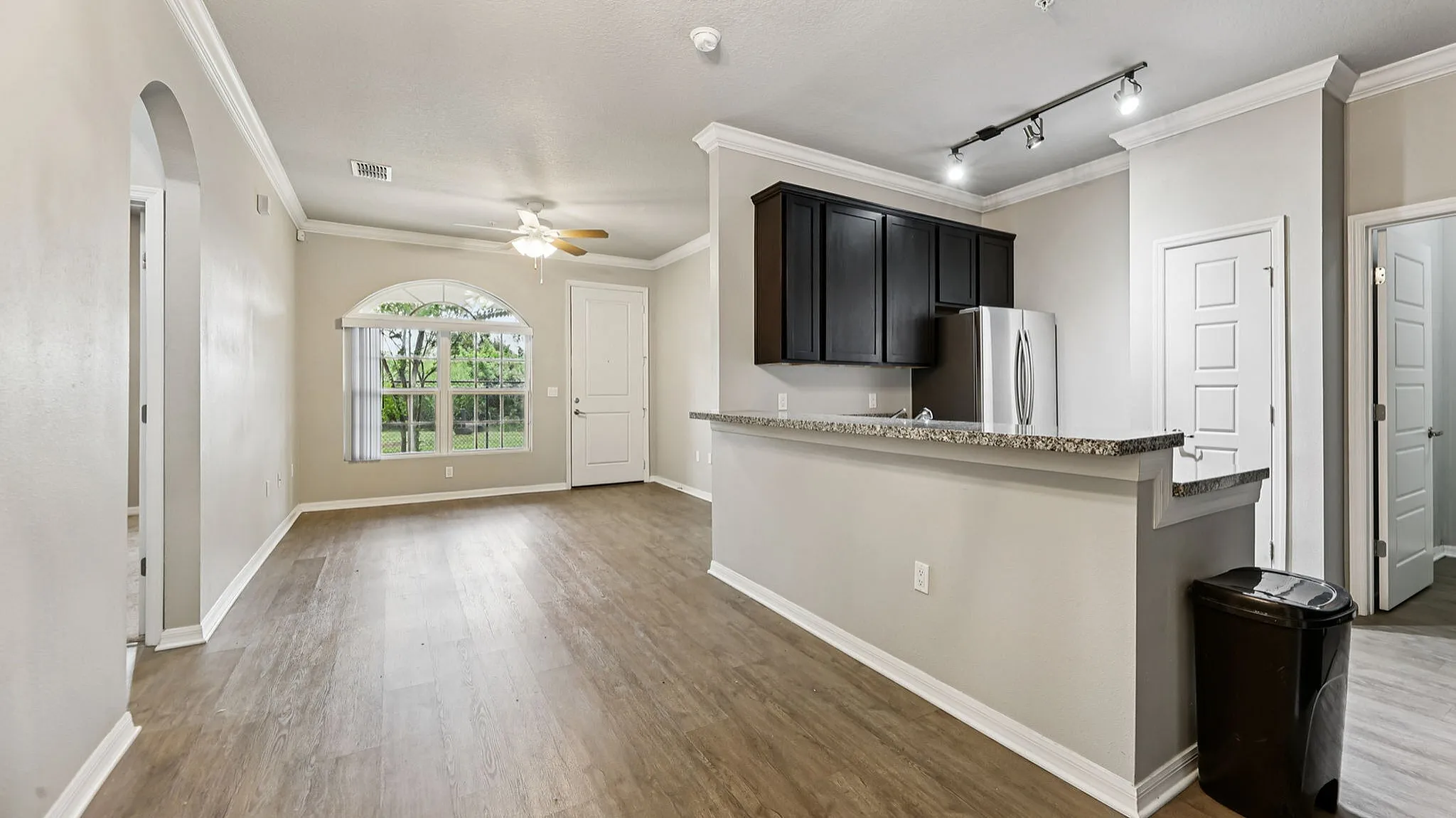 Bright modern apartment interior with open-plan layout, featuring elegant wood flooring, a sleek kitchen with dark cabinets and granite countertops, and a sunlit living area with a large arched window.