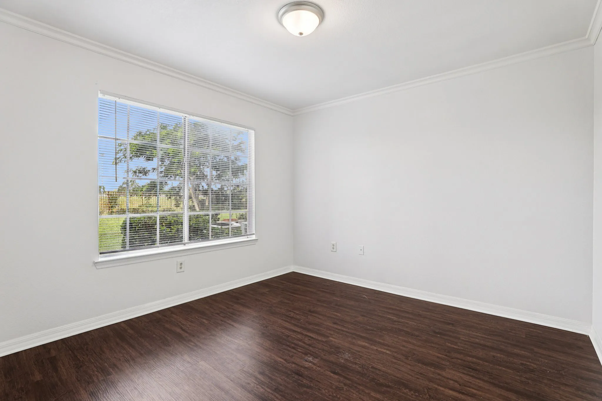 Bright, unfurnished room with elegant dark hardwood floors and large window with scenic outdoor view.