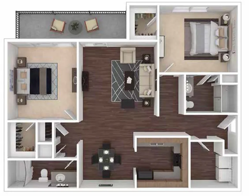 2d floor plan model with furniture renderings in 2/2 deluxe model