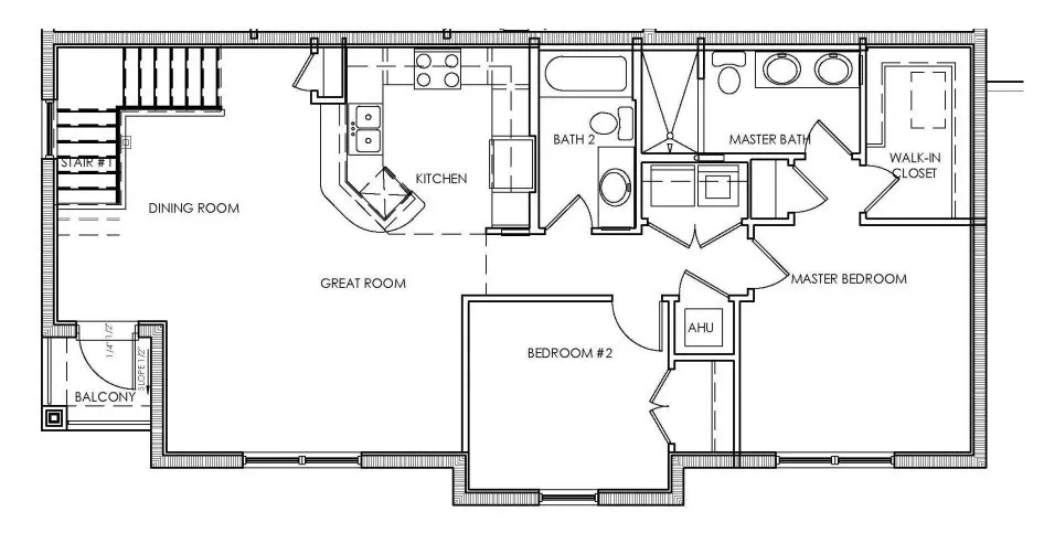 Modern floor plan featuring 2 spacious bedrooms, a master suite with walk-in closet, open-concept great room, and a stylish kitchen adjacent to the dining area and balcony.