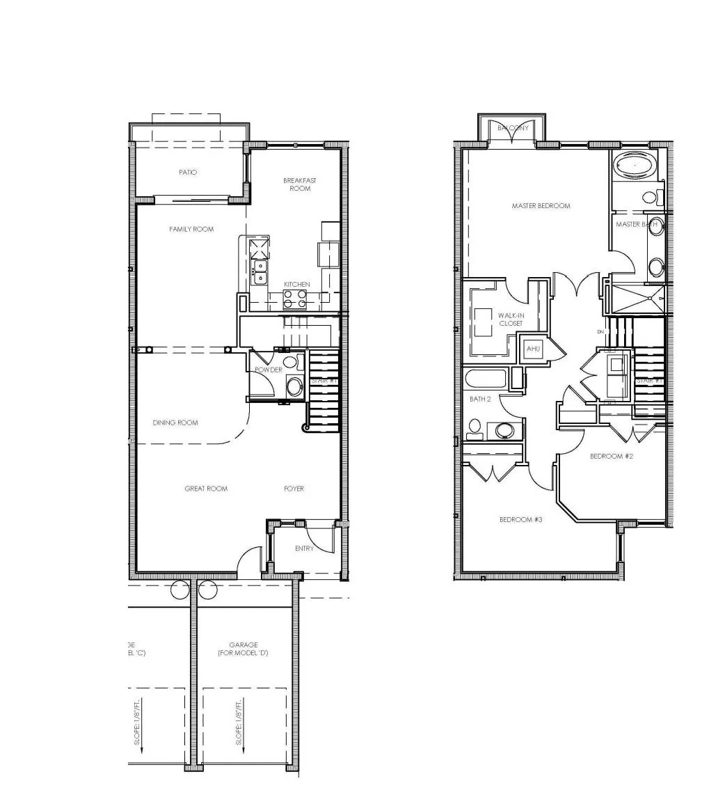 Modern 2-story floor plan showcasing 3 bedrooms, open-concept great room, and stylish kitchen with breakfast area. Includes patio and double garage.