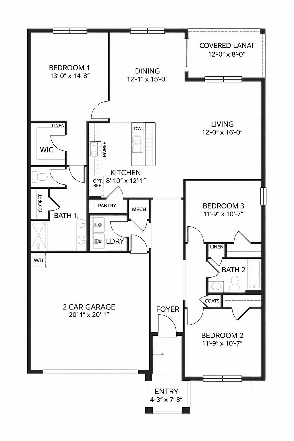 Elegant floor plan showcasing 3 spacious bedrooms, a modern open kitchen, and a cozy living area with a covered lanai. Includes a 2-car garage and convenient laundry room.